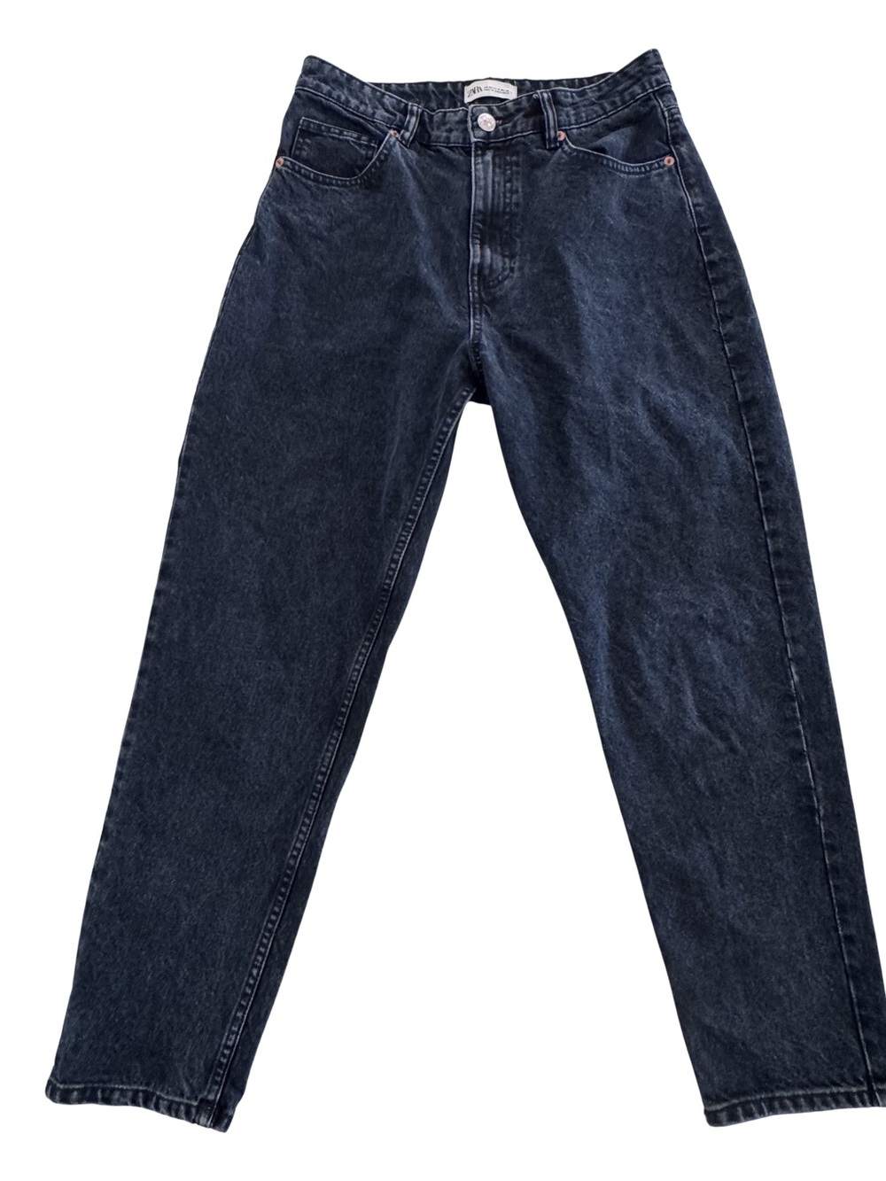Zara Womens Jeans USA 8 Black Acid Wash High Rise Mom Straight Tapered Denim